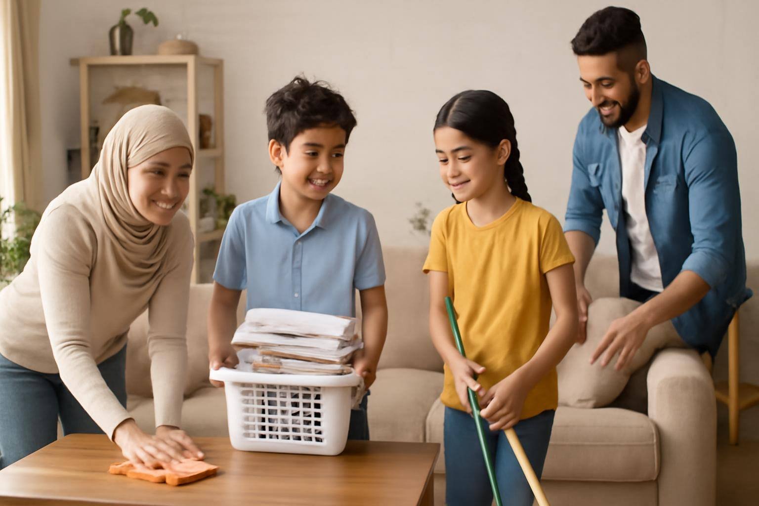 صورة توضيحية حول مشاركة العائلة في ترتيب المنزل